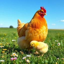 A mother hen gently looking after her chick in a serene countryside setting