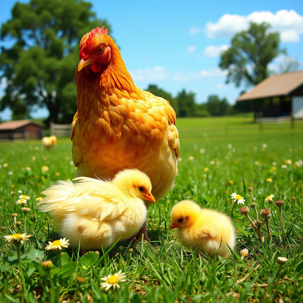 A mother hen gently looking after her chick in a serene countryside setting