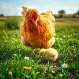 A mother hen gently looking after her chick in a serene countryside setting