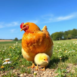 A mother hen gently looking after her chick in a serene countryside setting