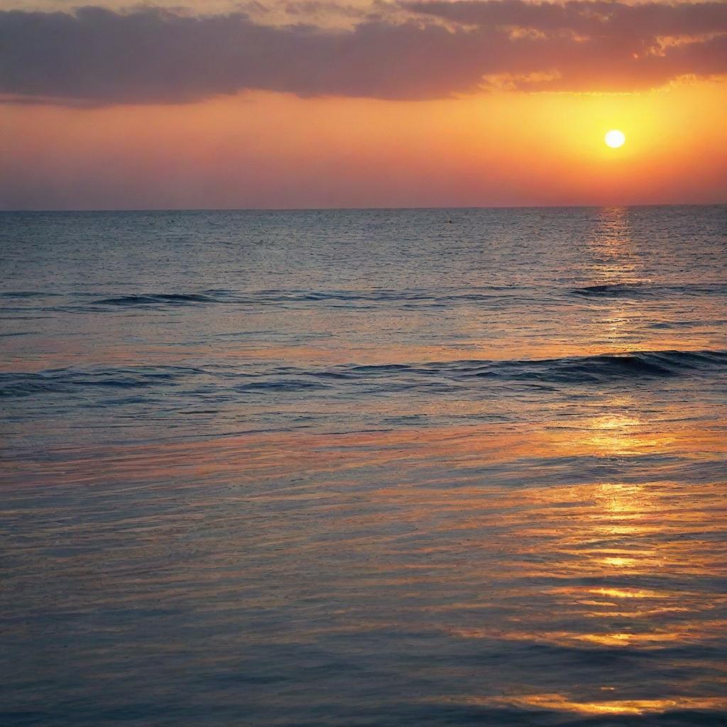 An atmospheric sunset over a calm ocean, with the vibrant colors reflected on the water surface.