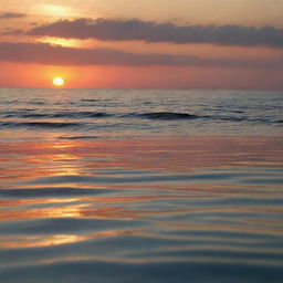 An atmospheric sunset over a calm ocean, with the vibrant colors reflected on the water surface.