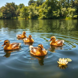 Five cute ducks swimming in a serene lake