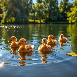 Five cute ducks swimming in a serene lake