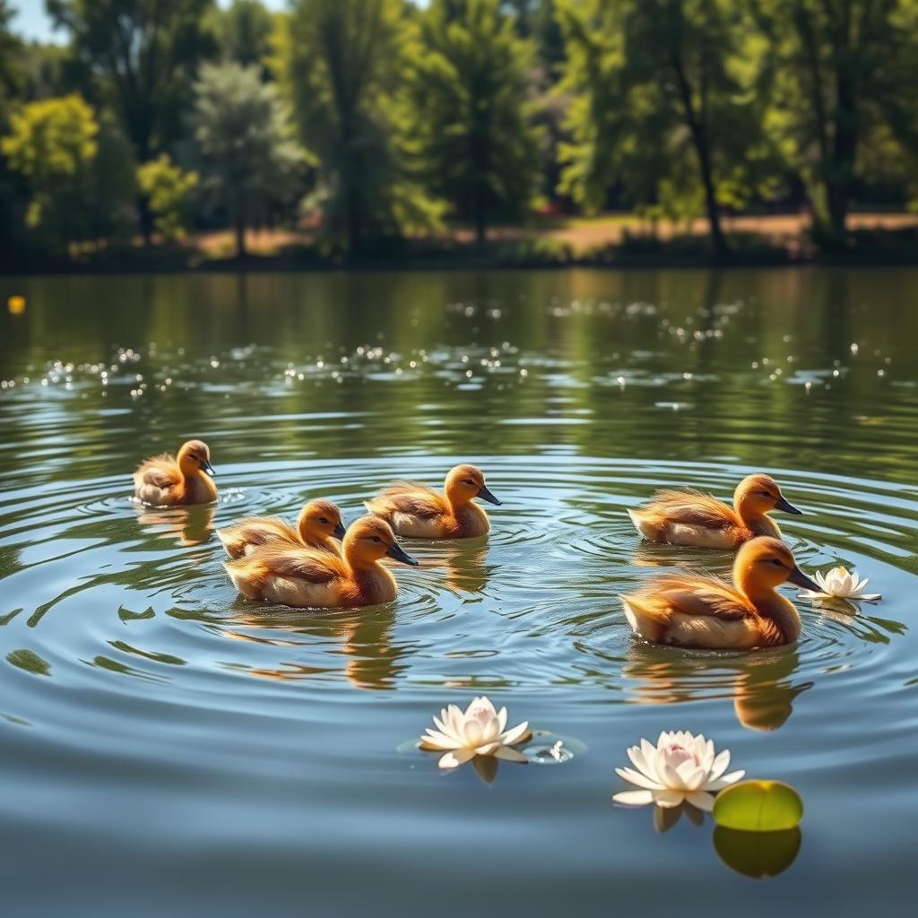 Five cute ducks swimming in a serene lake