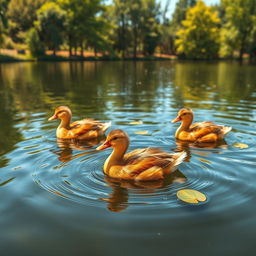 Five cute ducks swimming in a serene lake