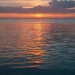 An atmospheric sunset over a calm ocean, with the vibrant colors reflected on the water surface.