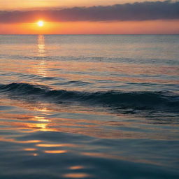 An atmospheric sunset over a calm ocean, with the vibrant colors reflected on the water surface.