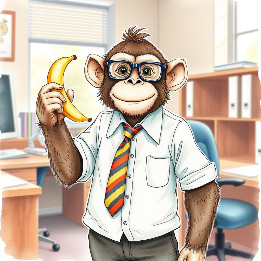 A whimsical watercolor drawing of a monkey dressed as an office worker, complete with a button-up shirt, tie, and glasses, standing in an office environment