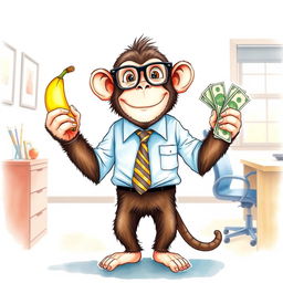 A whimsical watercolor drawing of a monkey dressed as an office worker, complete with a button-up shirt, tie, and glasses, standing in an office environment