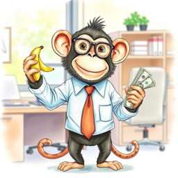 A whimsical watercolor drawing of a monkey dressed as an office worker, complete with a button-up shirt, tie, and glasses, standing in an office environment