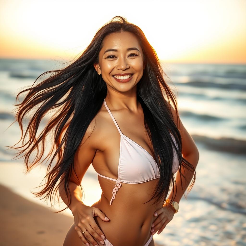 A beautiful Asian mature woman on the beach, confidently posing in a stunning swimsuit