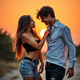 A seductive scene featuring a stylish young man and an alluring young woman engaged in a playful moment