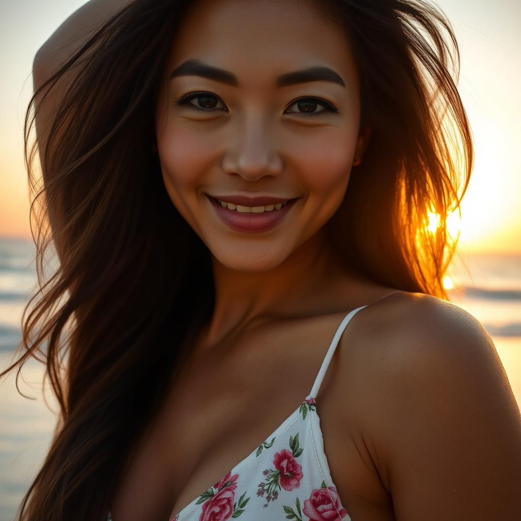 A stunning Asian mature woman on a serene beach, confidently embracing her femininity