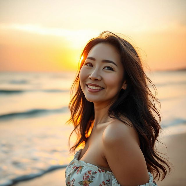 A stunning Asian mature woman on a serene beach, confidently embracing her femininity