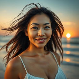 A stunning Asian mature woman on a serene beach, confidently embracing her femininity