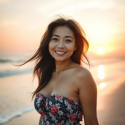 A stunning Asian mature woman on a serene beach, confidently embracing her femininity