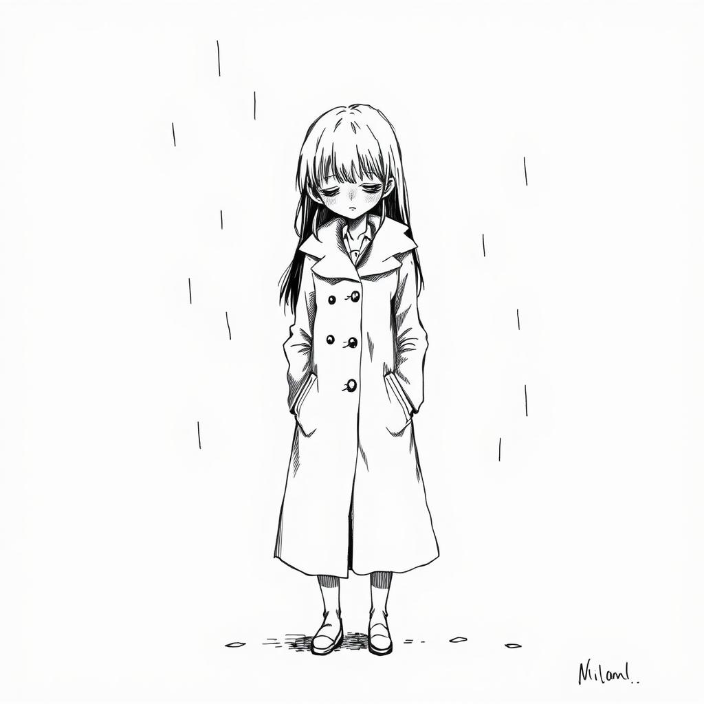 An ink drawing of a sad girl wearing a full-length coat, standing alone in a melancholic pose