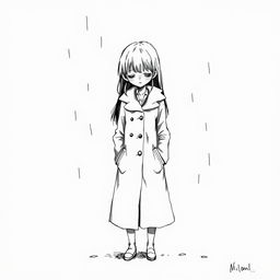 An ink drawing of a sad girl wearing a full-length coat, standing alone in a melancholic pose