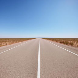 A single-lane freeway stretching far into the horizon, amidst serene landscapes and under a vast open sky.