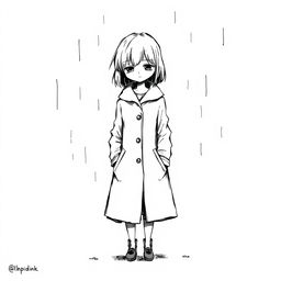 An ink drawing of a sad girl wearing a full-length coat, standing alone in a melancholic pose