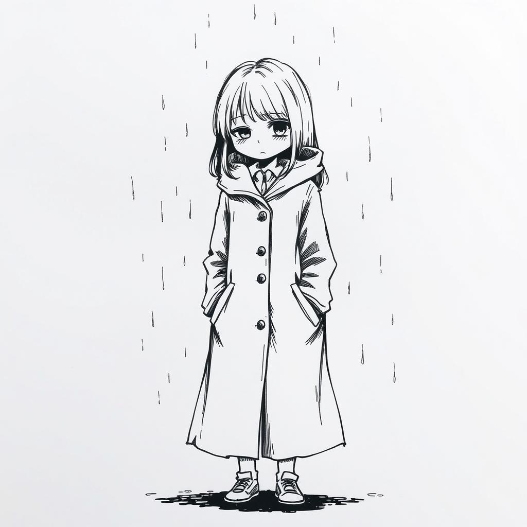 An ink drawing of a sad girl wearing a full-length coat, standing alone in a melancholic pose