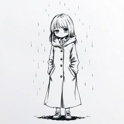 An ink drawing of a sad girl wearing a full-length coat, standing alone in a melancholic pose