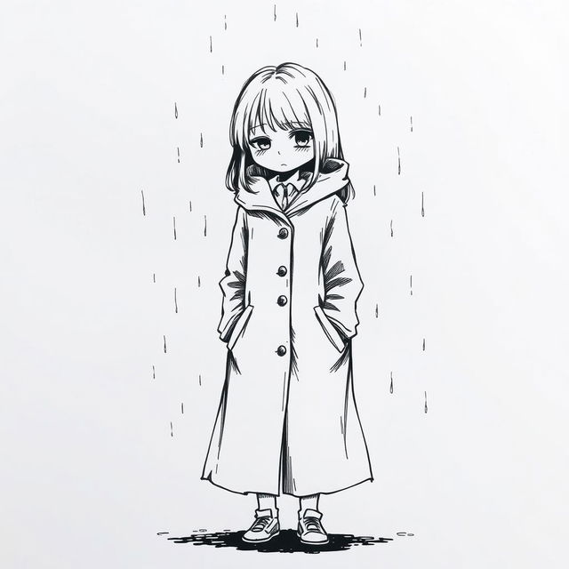 An ink drawing of a sad girl wearing a full-length coat, standing alone in a melancholic pose