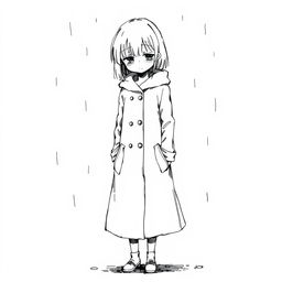 An ink drawing of a sad girl wearing a full-length coat, standing alone in a melancholic pose