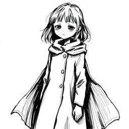 An expressive ink drawing of a sad girl wearing a full-length coat, standing alone