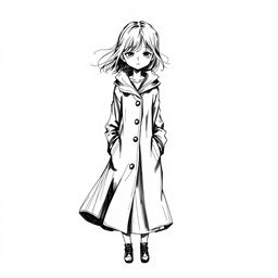 An expressive ink drawing of a sad girl wearing a full-length coat, standing alone