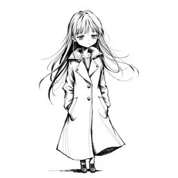 An expressive ink drawing of a sad girl wearing a full-length coat, standing alone