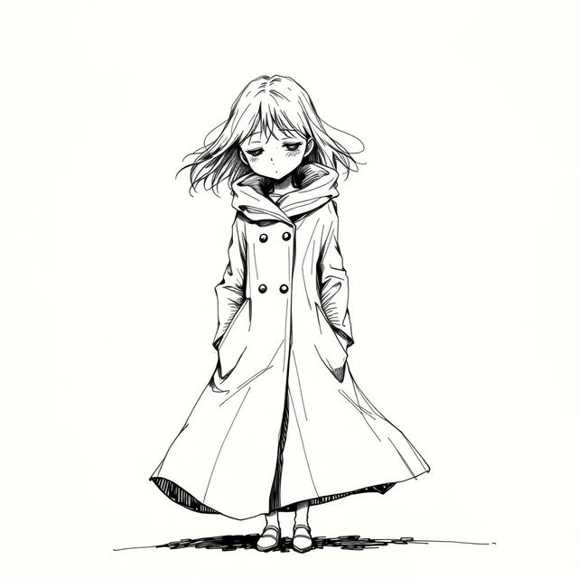 An expressive ink drawing of a sad girl wearing a full-length coat, standing alone