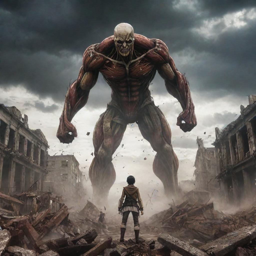 An epic scene from the Anime series Attack On Titan. Large humanoid figures fighting amidst the wreckage of a city, under a dramatic, stormy sky.