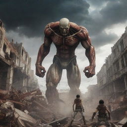 An epic scene from the Anime series Attack On Titan. Large humanoid figures fighting amidst the wreckage of a city, under a dramatic, stormy sky.