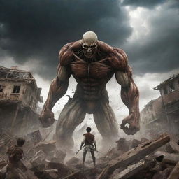 An epic scene from the Anime series Attack On Titan. Large humanoid figures fighting amidst the wreckage of a city, under a dramatic, stormy sky.