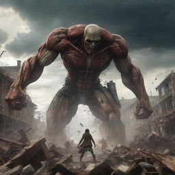 An epic scene from the Anime series Attack On Titan. Large humanoid figures fighting amidst the wreckage of a city, under a dramatic, stormy sky.