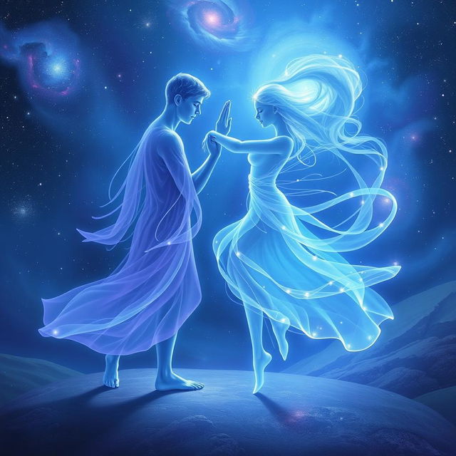 A mystical scene of two ethereal souls, glowing in soft shades of blue and purple, elegantly dancing in harmony with each other in an otherworldly landscape