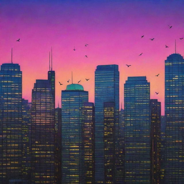 Generate a whimsical scene of a modern city skyline during a beautiful twilight. Flocks of neon hummingbirds flutter around the skyscrapers, reflecting the setting sun off their brightly colored feathers.