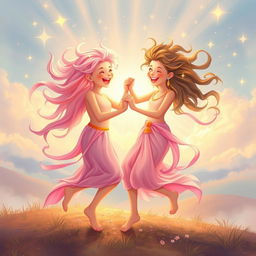 A joyful scene of two radiant souls dancing happily together, intertwined in a beautiful display of light and color