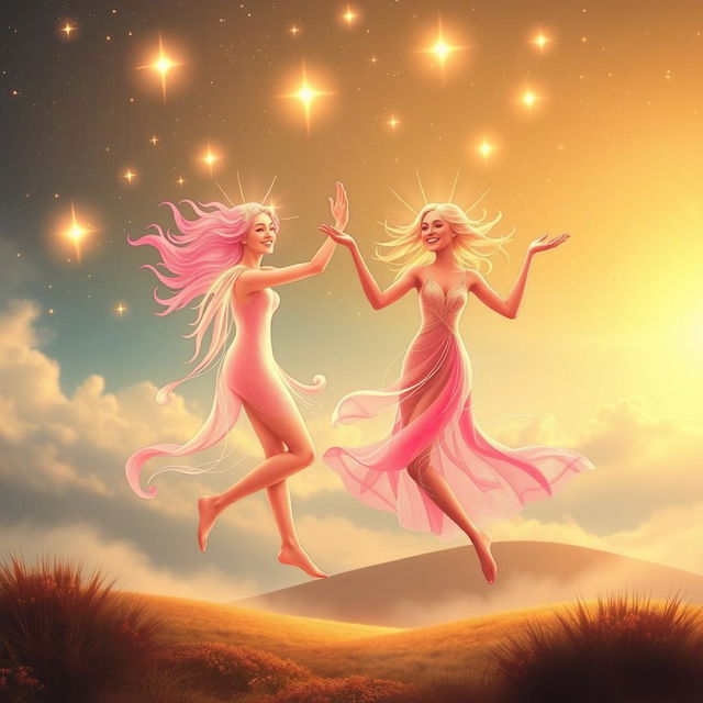 A joyful scene of two radiant souls dancing happily together, intertwined in a beautiful display of light and color