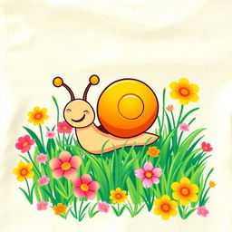 A colorful and artistic t-shirt design featuring a cute and whimsical cartoon snail with a bright shell