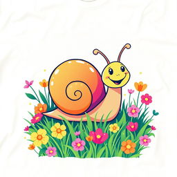 A colorful and artistic t-shirt design featuring a cute and whimsical cartoon snail with a bright shell