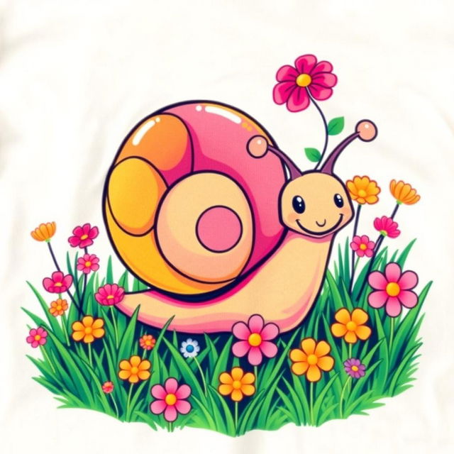 A colorful and artistic t-shirt design featuring a cute and whimsical cartoon snail with a bright shell