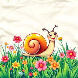 A colorful and artistic t-shirt design featuring a cute and whimsical cartoon snail with a bright shell