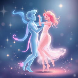 A joyful scene featuring two souls, one male and one female, depicted in vibrant shades of light blue and warm pink, happily dancing together in a blissful embrace