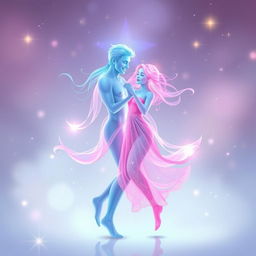 A joyful scene featuring two souls, one male and one female, depicted in vibrant shades of light blue and warm pink, happily dancing together in a blissful embrace