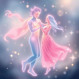 A joyful scene featuring two souls, one male and one female, depicted in vibrant shades of light blue and warm pink, happily dancing together in a blissful embrace