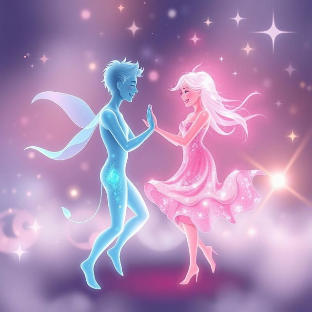 A joyful scene featuring two souls, one male and one female, depicted in vibrant shades of light blue and warm pink, happily dancing together in a blissful embrace