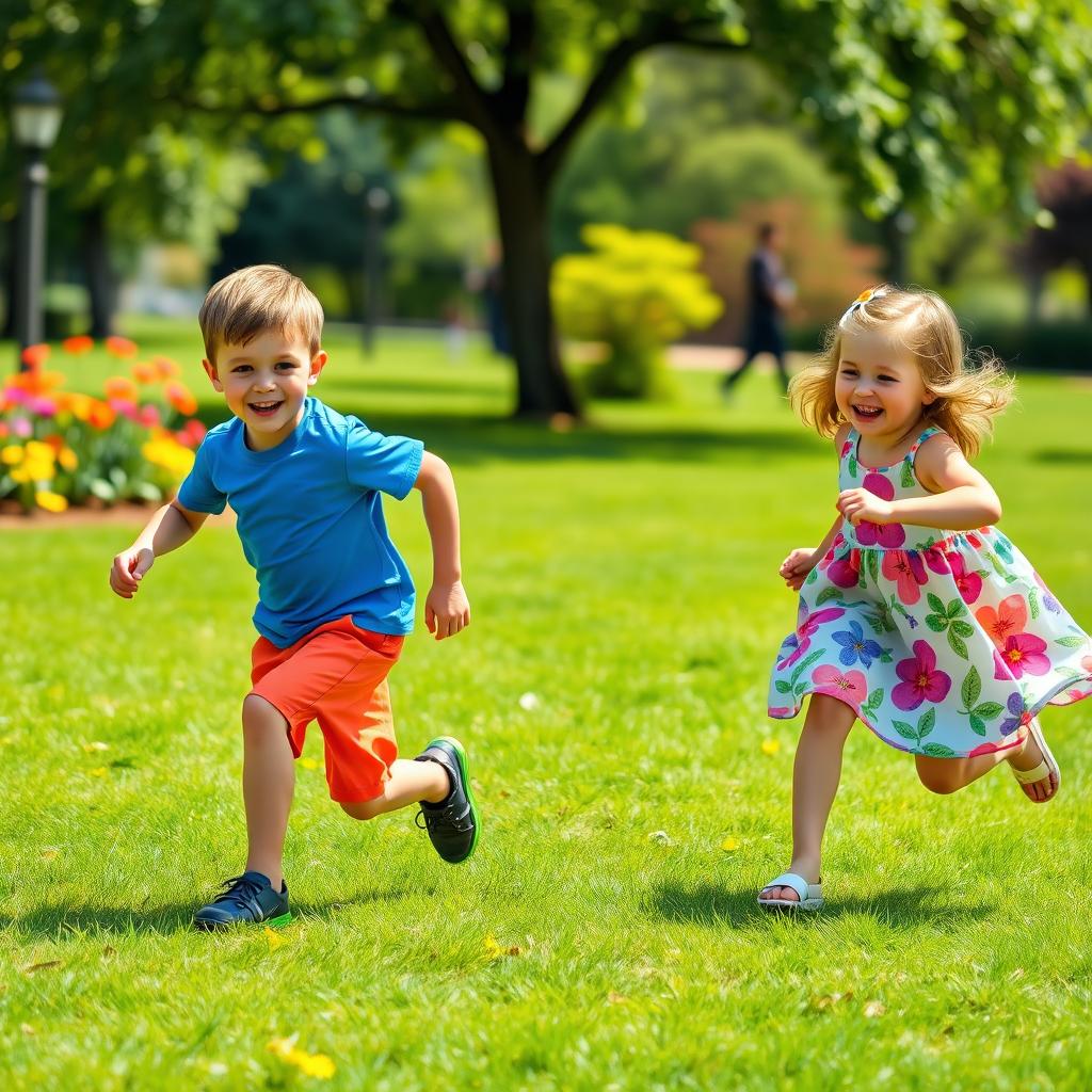 A joyful scene of two children, a boy and a girl, playing together in a sunny park